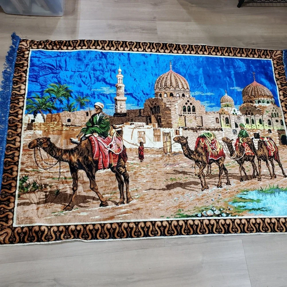 Vintage Camel Caravan Tapestry  68 X 48 Wall Hanging Mosque Desert Scene Velvet‎